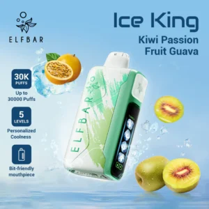 Shop ELFBAR Ice King Kiwi Passion Fruit Guava 50mg in Dubai. Exotic fruit blend, 30k puffs